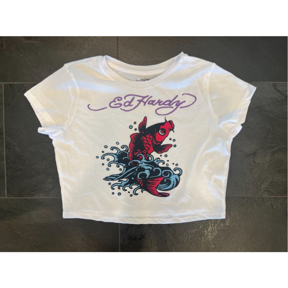Ed Hardy White Crop Top with Red and Black Graphic